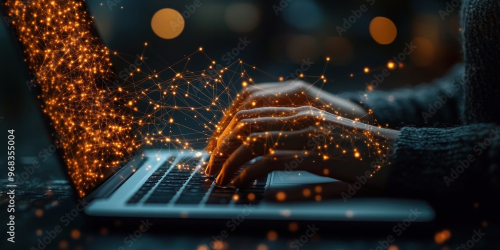 Poster digital connection - a person typing on a laptop with a glowing network of lines