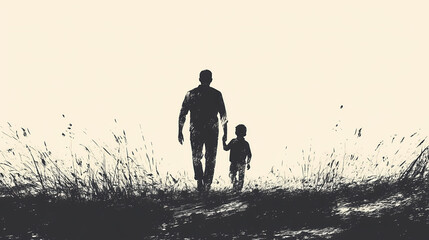 I need a high contrast's hand-drawn illustration in the minimalist style of a silhouette of a father and son walking together. High Contrast. Illustration