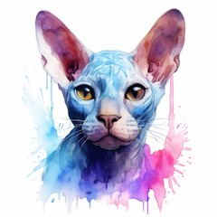 Colorful Watercolor Sphynx Cat Illustration with Abstract Splashes
