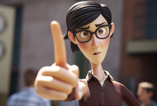 A stern animated woman wearing glasses points directly, conveying authority or warning in an outdoor setting with blurred background.. - Powered by Adobe