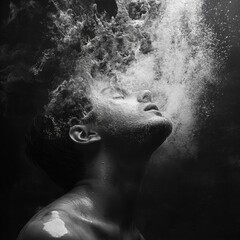 A person experiencing pain and stress while sitting, with a focus on expressions of sadness and despair