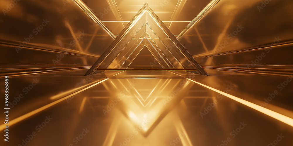 Poster abstract empty podium shining in golden light being reflected by triangle shaped walls