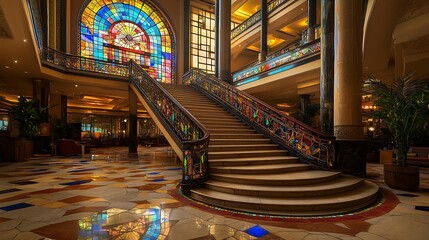 Obraz premium Vibrant hotel atrium with colorful stained glass and an elegant stairway, offering a striking welcome.