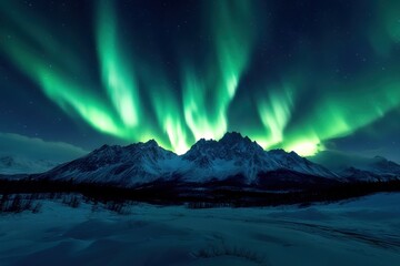 Stunning aurora borealis illuminates a dark night sky over majestic mountains, creating a breathtaking natural spectacle.