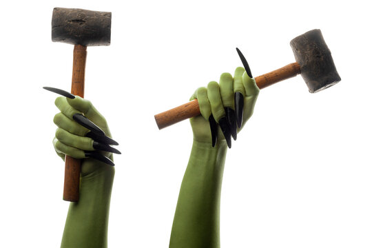 Set of witches hands holding hammers