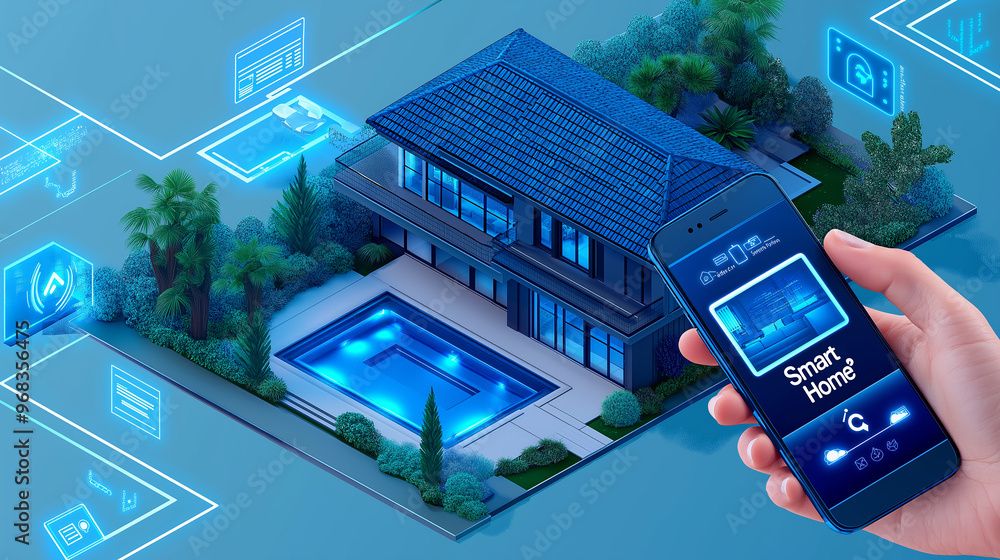 Poster Hand holding smartphone controlling smart home automation system
