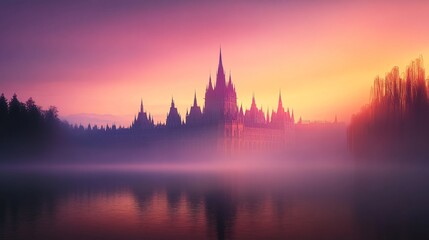 Fototapeta premium A mystical castle shrouded in morning fog, enveloped in hues of purple and pink at sunrise.