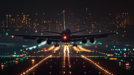 Passenger airplane landing at night on illuminated runway