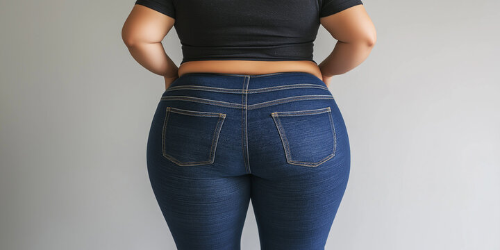 Unrecognizable curvy woman wearing tight jeans posing in studio