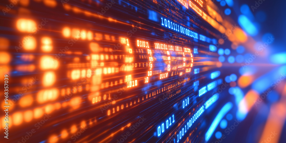 Poster Blurry binary code flowing down on dark blue background