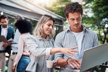 Laptop, talking and business people at outdoor cafe for project, advice or publish client brand image. Discussion, computer and global communication directors with email for public relations approval