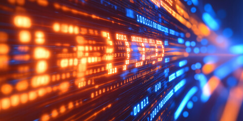 Blurry binary code flowing down on dark blue background
