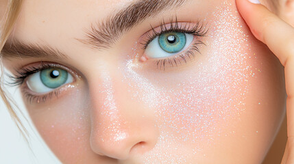 Fototapeta premium Woman with blue eyes showing glitter makeup beauty portrait