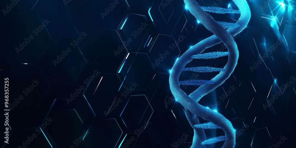 Poster blue dna strand rotating on abstract hexagonal background