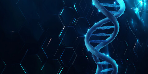 Blue dna strand rotating on abstract hexagonal background