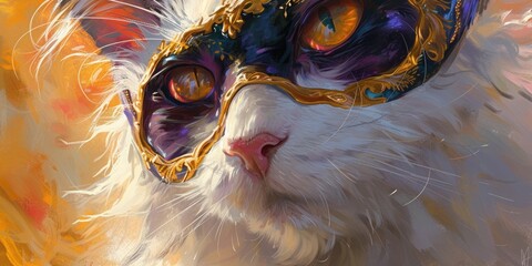 A fluffy orange cat with a decorative mask staring curiously with a soft glow around it.