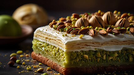 Close up of Appetizing Luxurious Arabic Belewa with Almond and Honey Filling – Traditional Middle Eastern Dessert