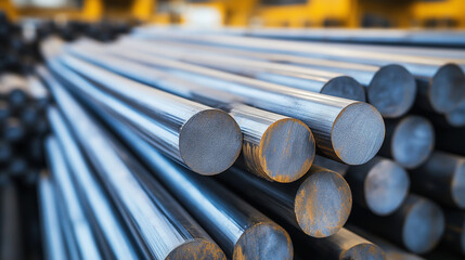 Round steel bars lying in metal rolling mill