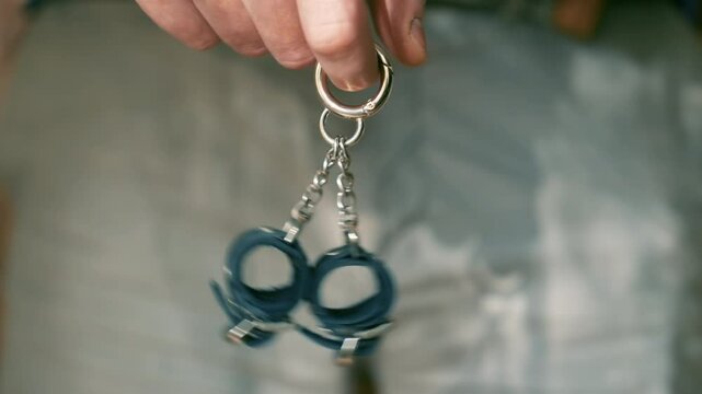Swinging Miniature Leather Handcuffs: Close-up Car Accessory | Tiny Novelty Keychain on Finger | Quirky Automotive Decoration Macro Shot | Playful Souvenir Pendant for Vehicle Interior Design