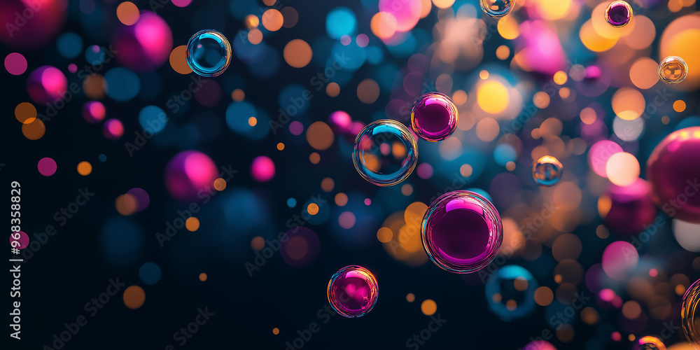 Poster colorful bubbles floating on a dark background with bokeh effect