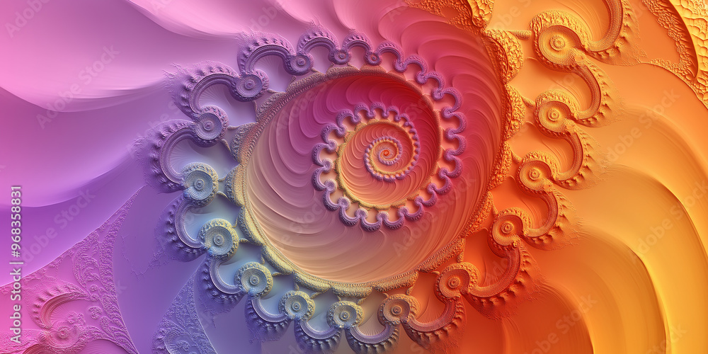 Poster colorful fractal spiral pattern emerging from gradient background