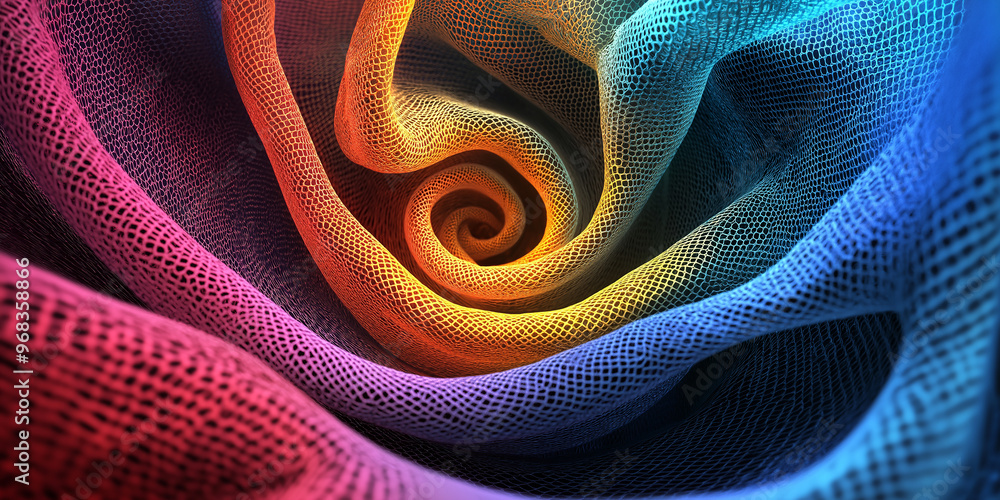 Poster Abstract colorful wavy mesh structure forming a spiral in the center