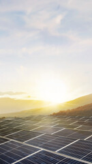 A field of solar panels with a sun in the sky