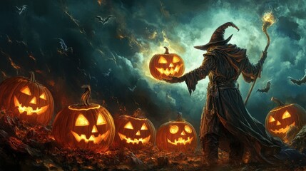 Fototapeta premium A mysterious witch holds a glowing pumpkin amidst a spooky Halloween scene with carved jack-o'-lanterns and eerie clouds.