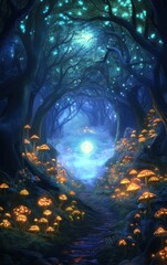 A mystical forest path adorned with glowing mushrooms, vibrant colors, and enchanting lights, perfect for fantasy themes.