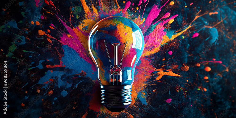 Poster Light bulb exploding with colorful paint symbolizing creativity