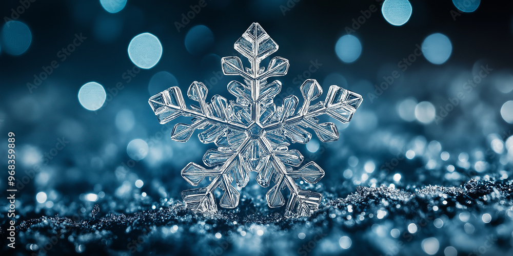 Poster intricate snowflake sparkling on a blue glitter snow background