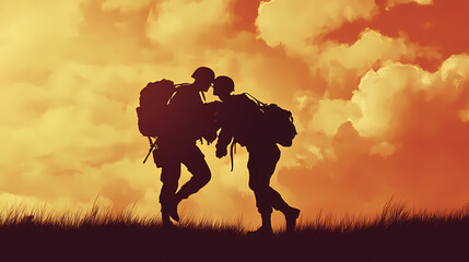 Fototapeta premium Silhouette of soldier carrying wounded comrade. High Contrast. Illustration