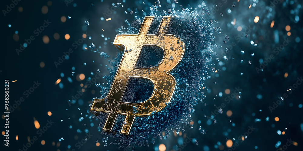 Poster Golden bitcoin symbol exploding on a blue background with sparkles