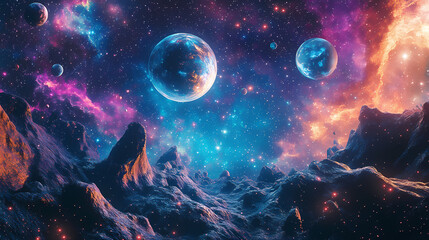 Surreal cosmic collage with planets, stars, nebulas and galaxies, far alien world in style of abstract, dreamlike colorful universe. Collage. Illustration