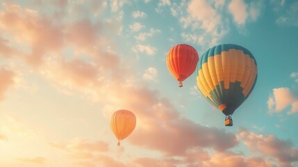 Obraz premium Three colorful hot air balloons floating in a serene sky at sunset.