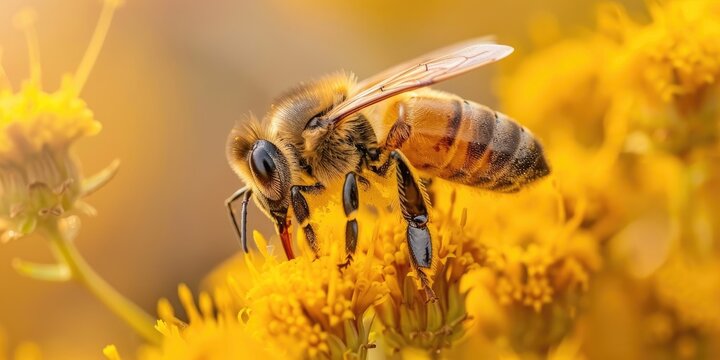 European honey bee drinking nectar from goldenrod flower in close up shot