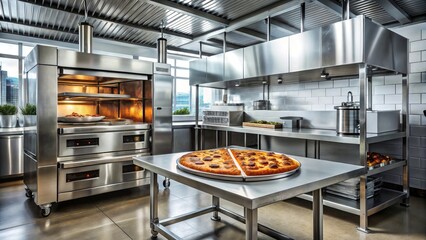 Commercial-grade stainless steel pizza oven equipment for a large kitchen, capable of producing 25 hot and fresh pizzas