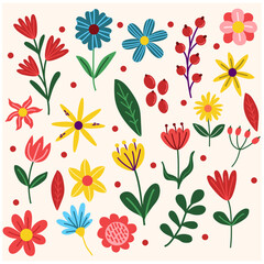 Collection of spring colorful flower elements with background cream
