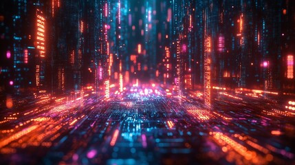 Fototapeta premium Neon Data Stream Cyber City Background
