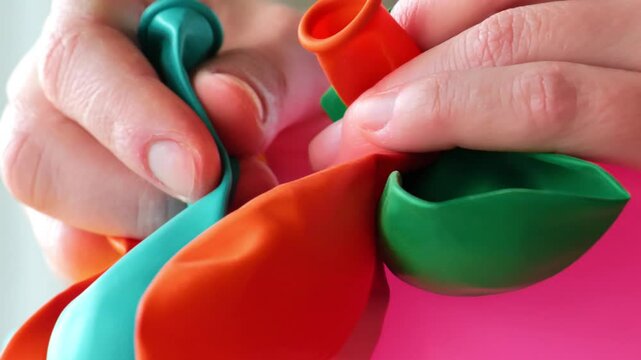Inflatable balls of different colors in hands, close-up.Birthday, baby shower or party decoration. Festive paraphernalia and decorations.4k footage