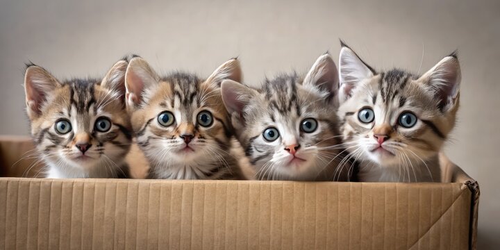 Curious kittens peer out from a cardboard box, their wide eyes scanning the room, eager to explore every
