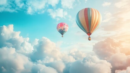 Fototapeta premium Two colorful hot air balloons floating above fluffy clouds in a serene sky.