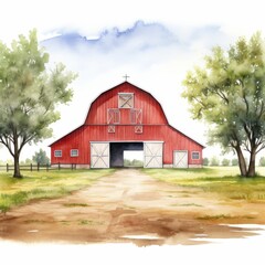 Obraz premium Charming Red Barn Illustration in Rural Farm Setting with Trees and Dirt Path