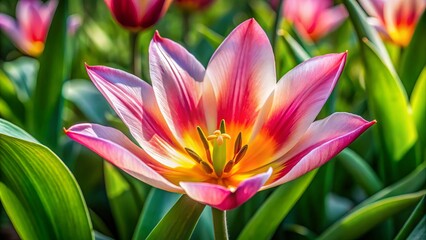 Naklejka premium Delicate multi-petaled lily tulip unfurls its trumpet-shaped bloom, gently swaying in the breeze amidst lush greenery