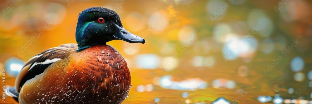 Poster close-up of a ruddy duck on a tranquil pond with a shallow depth of field.