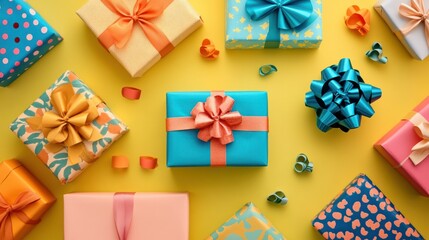 Flat-lay of colorful, creative gift wrapping with bows, ribbons, and patterned paper.