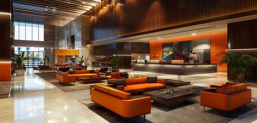 Spacious modern hotel lobby with contemporary guest areas.