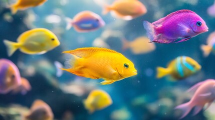 Fototapeta premium Vibrant yellow and purple tropical fish swim gracefully in a colorful underwater scene.