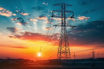 A high voltage power lines in a field at sunset