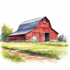 Obraz premium Watercolor Illustration of Red Barn in Countryside with Rustic Path and Green Fields